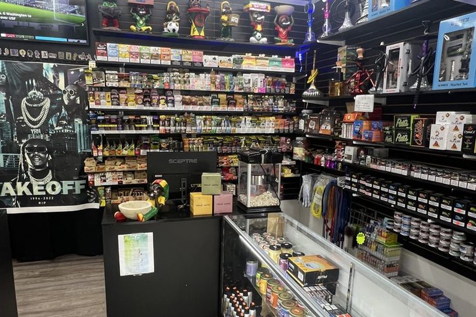 Product displays inside Smoke Factory smoke and vape shop in Alpharetta, GA